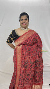 Vriksham Red Ajrakh Dola Silk Saree-VS4382